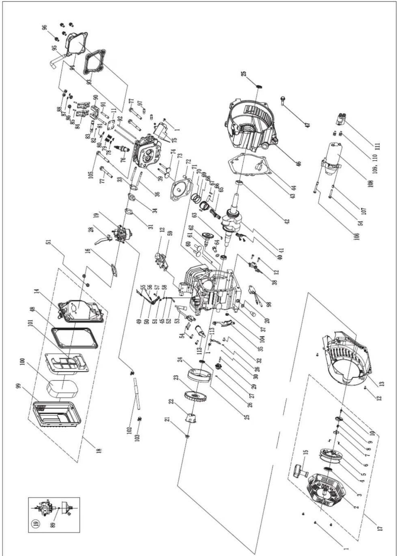 Exploded view diagram of a mechanical assembly with numbered components and exploded views