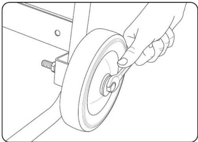 Line drawing of a hand operating a wheel with a screw, no text or symbols present