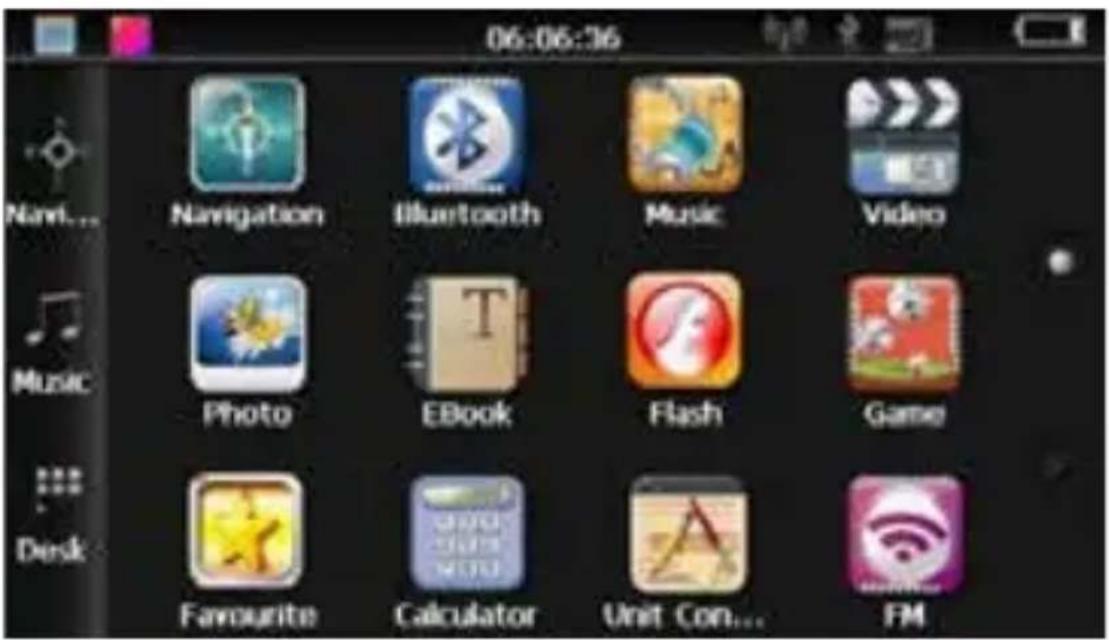 06:06:36 Navigation Bluetooth Music Video Photo EBook Flash Game Favourite Calculator Unit Con... FM