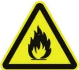Warning sign depicting a flame symbol in yellow and black on a white background
