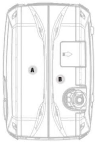 Top-down line drawing of a vehicle rear view showing structural components and a central circular component labeled A and B (no text or symbols beyond labels)