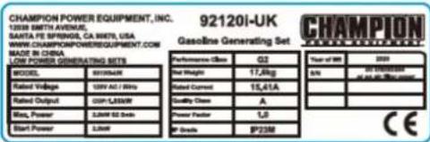 Champion 92120i - Safety and Dataplate Labels - 6