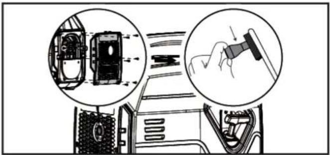 Diagram showing a device with internal components and a close-up of a hand holding a tool, no text or symbols present.