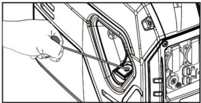 Line drawing of a hand using a tool to connect internal components into a device (no text or symbols visible)