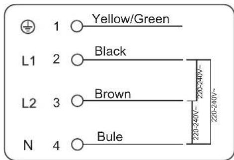 ± 1 ○ Yellow/Green L1 2 ○ Black L2 3 ○ Brown N 4 ○ Bule 220-240V~ 220-240V~