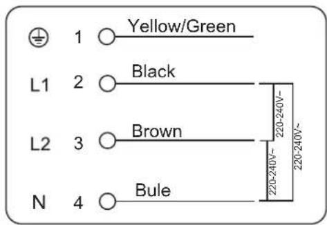 1 Yellow/Green L1 2 Black L2 3 Brown N 4 Bule 220-240V~ 220-240V~ 220-240V~