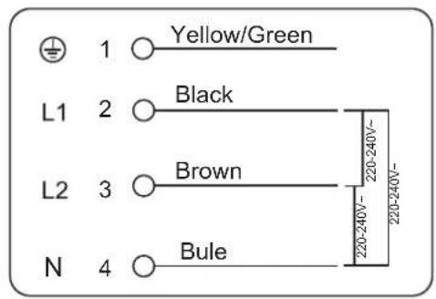 ± 1 ○ Yellow/Green L1 2 ○ Black L2 3 ○ Brown N 4 ○ Bule 220-240V~ 220-240V~
