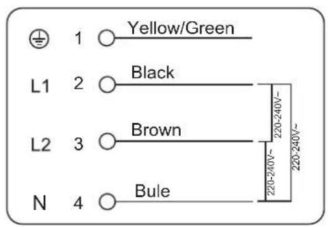 1 Yellow/Green L1 2 Black L2 3 Brown N 4 Bule 220-240V~ 220-240V~