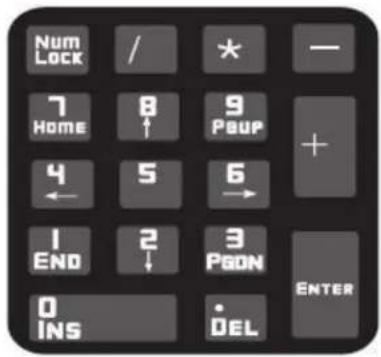 Num Lock / * — 7 Home 8 ↑ 9 P#UP + 4 ← 5 6 → 1 END 2 ↓ 3 PGDN ENTER 0 INS DEL