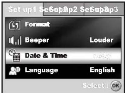 Set-up1 SeSep2p2 SeSep3p3 Format Beeper Louder Date & Time Language English Select: OK
