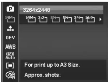 3264x2448 14M 14M 3:2 8M 5M 3M 16:9 DEV AWB ISO Auto For print up to A3 Size. Approx. shots: