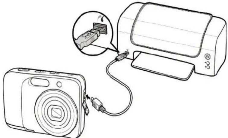 Line drawing showing a digital camera connected to a printer via cable, with an inset image of a printer inserted into the device (no text or symbols present)