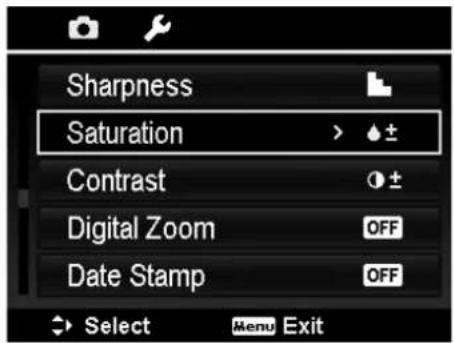 Sharpness Saturation Contrast Digital Zoom Date Stamp Select Menu Exit