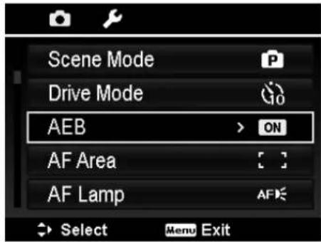 Scene Mode Drive Mode AEB > ON AF Area AF Lamp Select Menu Exit