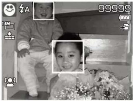 Black-and-white photo of a smiling child and a woman sitting together, with camera interface overlays (no readable text or symbols)