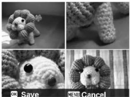 Four-panel black-and-white photo collage showing knitted sheep toys, a striped fabric, and a 'OK Save' button (no text or symbols on main subjects)