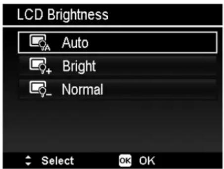 LCD Brightness Auto Bright Normal Select OK OK
