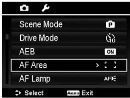 Scene Mode Drive Mode AEB AF Area AF Lamp Select Menu Exit