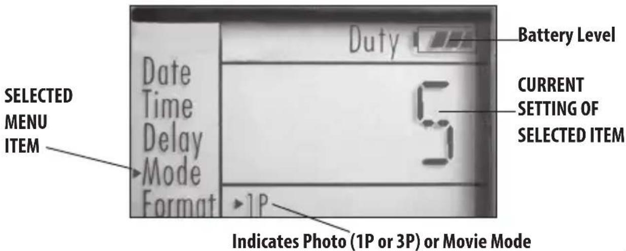 Battery Level Date Time Delay Mode Format 5 CURRENT SETTING OF SELECTED ITEM SELECTED MENU ITEM Indicates Photo (1P or 3P) or Movie Mode