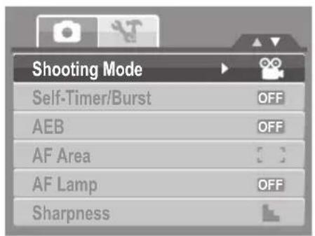 Shooting Mode Self-Timer/Burst OFF AEB OFF AF Area [ ] AF Lamp OFF Sharpness