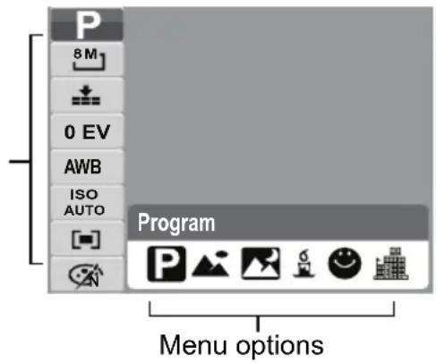 P 8 M 0 EV AWB ISO AUTO Program Menu options