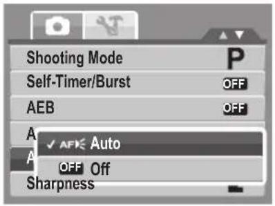 Shooting Mode Self-Timer/Burst AEB ✓ AFK Auto OFF Off Sharpness