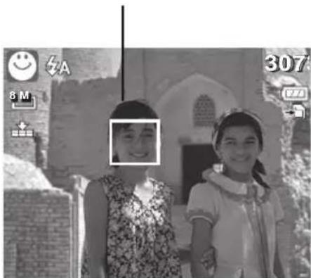 Black-and-white photo of two smiling girls in front of a building, with camera interface icons and measurement labels visible