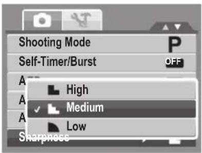 Shooting Mode Self-Timer/Burst High Medium Low Sharpness