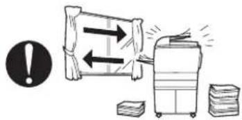 Illustration showing a document being discarded into a machine with warning symbols and stacks of waste nearby