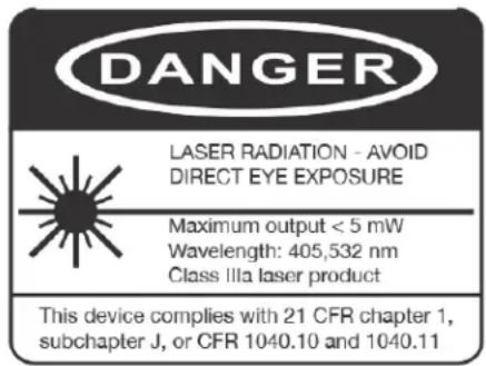 DANGER LASER RADIATION - AVOID DIRECT EYE EXPOSURE Maximum output < 5 mW Wavelength: 405,532 nm Class IIIa laser product This device complies with 21 CFR chapter 1, subchapter J, or CFR 1040.10 and 1040.11
