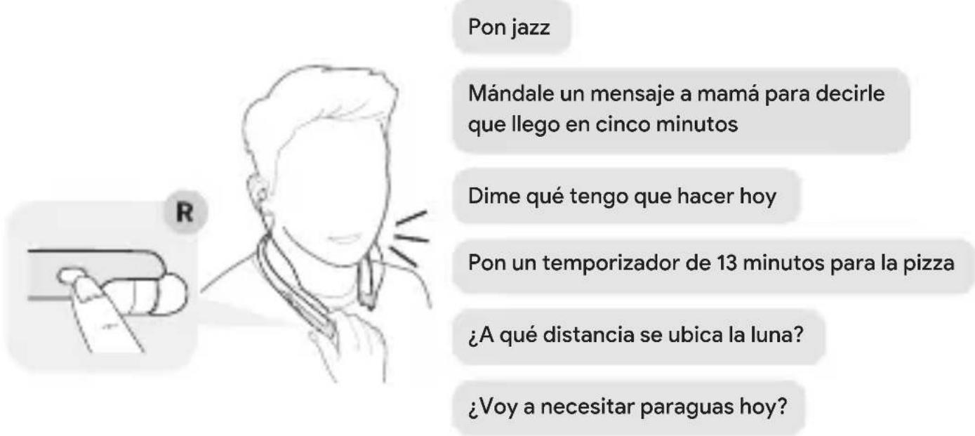 Pon jazz Mándale un mensaje a mamá para decirle que llego en cinco minutos Dime qué tengo que hacer hoy Pon un temporizador de 13 minutos para la pizza ¿A qué distancia se ubica la luna? ¿Voy a necesitar paraguas hoy?