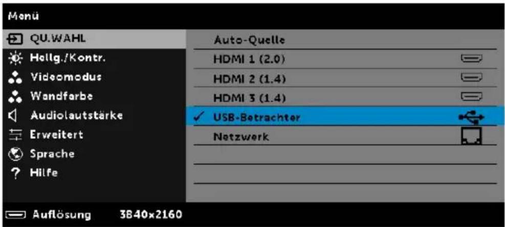 Monü QU.WAHL Hellig./Kontr. Videomodus Wandfarbe Audiolautstärke Erweitert Sprache Hilfe Auto-Quelle HDMI 1 (2.0) HDMI 2 (1.4) HDMI 3 (1.4) ✓ USB-Betrachter Netzwerk Auflösung 3B40x2160