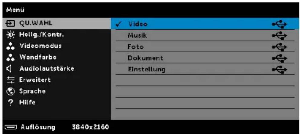 Menu QU.WAHL Hellig./Kontr. Vidsomodus Wandfarbe Audiolautstärke Erweitert Sprache Hilfe ✓ Video Musik Foto Dokument Einstellung Auflösung 3840x2160