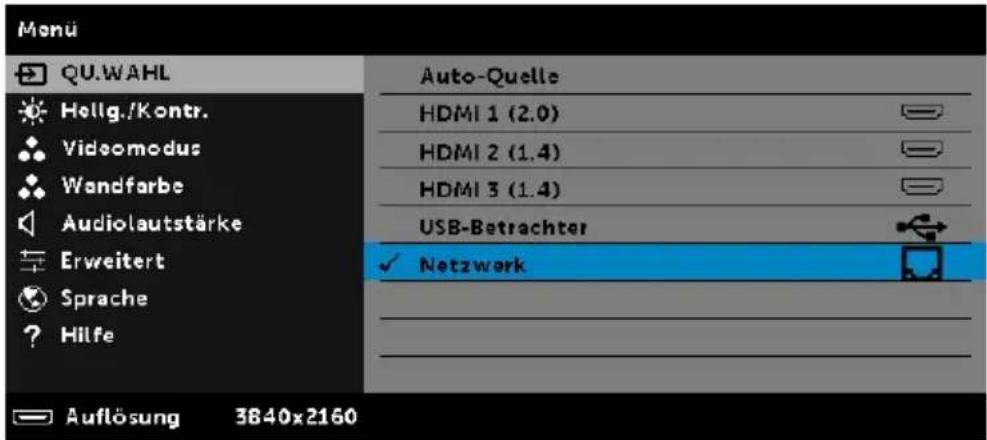 Monü QU.WAHL Hellig./Kontr. Videomodus Wandfarbe Audiolautstärke Erweitert Sprache ? Hilfe Auto-Quelle HDMI 1 (2.0) HDMI 2 (1.4) HDMI 3 (1.4) USB-Betrachter ✓ Netzwerk Auflösung 3840x2160