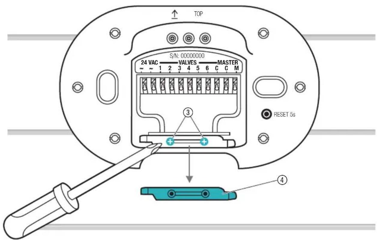 TOP S/N: 00000000 24 VAC VALVES MASTER 1 2 3 4 5 6 C C M ③ RESET 5s ④