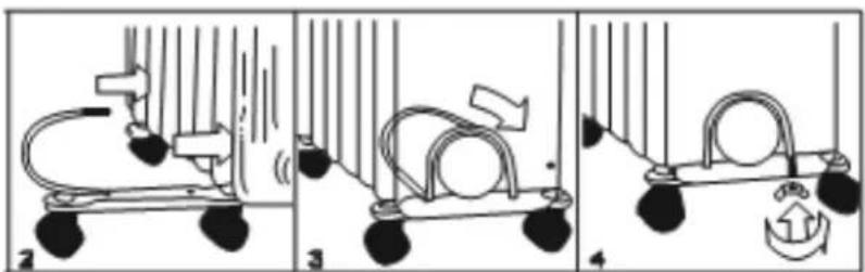 Diagram illustrating three sequential steps of a mechanical or electrical device with labeled components and motion indicators.