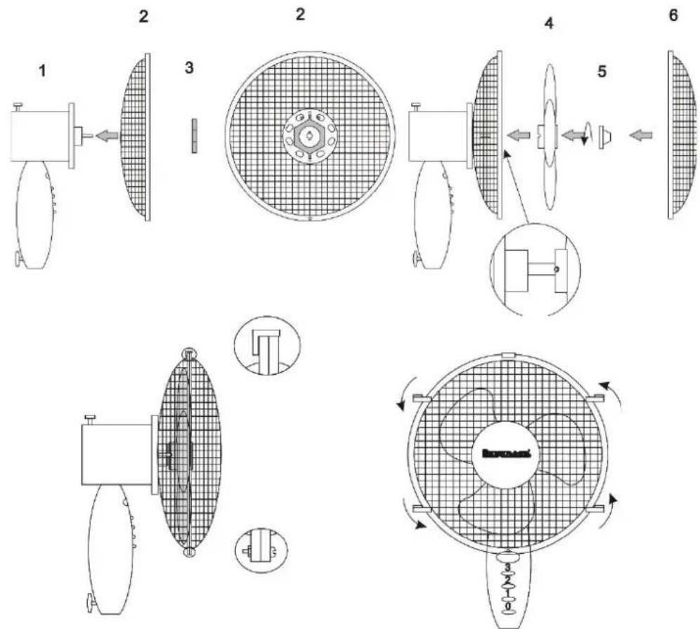 Technical diagram of a fan assembly process with labeled components and directional arrows indicating motion or movement.