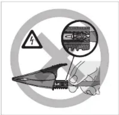 Safety warning symbol with hazard symbol, crossed-out tool, and magnified cross-section showing electrical circuitry