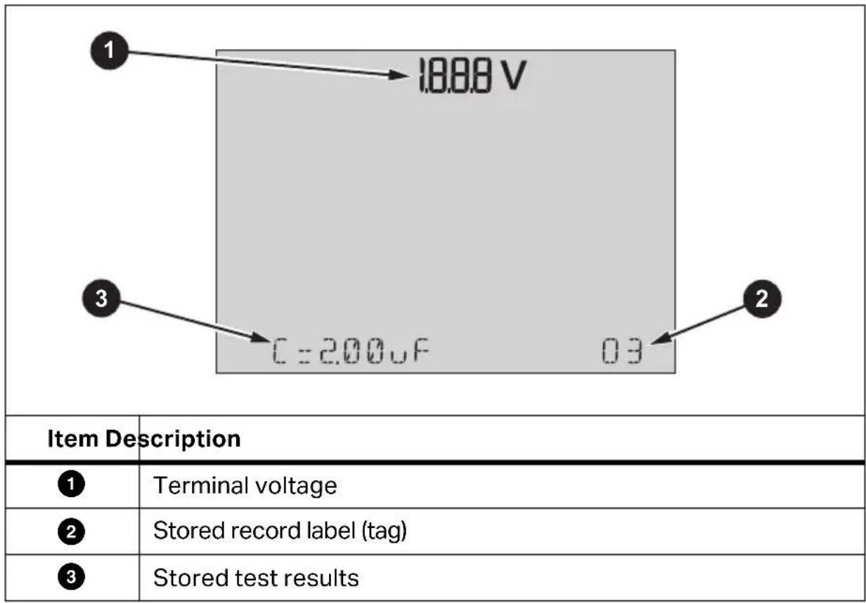 18.88 V 3 C=2.00uF 03 2 Item Description ① Terminal voltage ② Stored record label (tag) ③ Stored test results