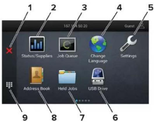 1 2 3 4 5 157.104 50.20 Status/Supplies Job Queue Change Language Settings Address Book Held Jobs USB Drive 6 7 8 9