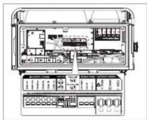 Technical diagram of an electrical enclosure with labeled components and internal layout
