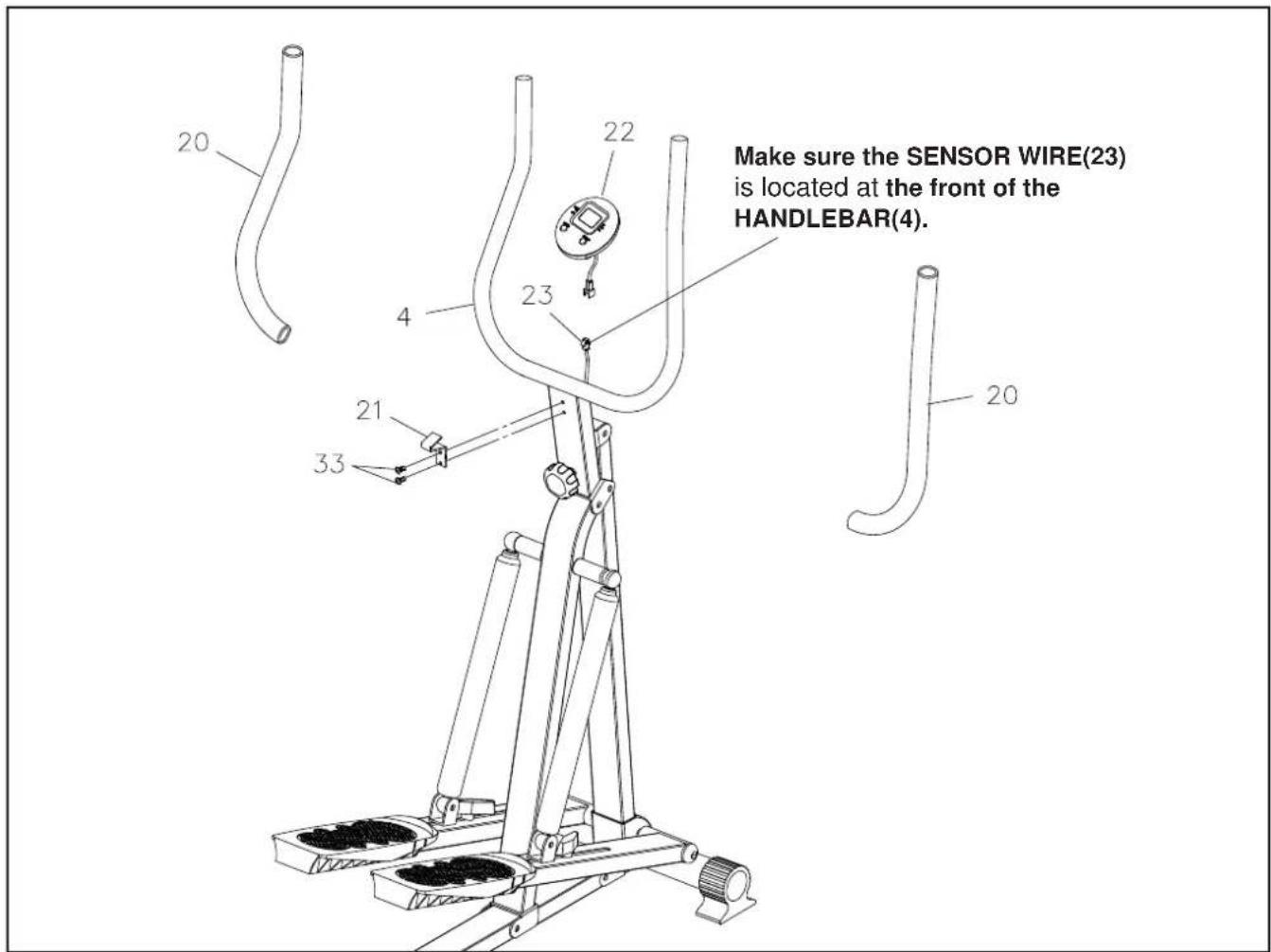 Make sure the SENSOR WIRE(23) is located at the front of the HANDLEBAR(4).