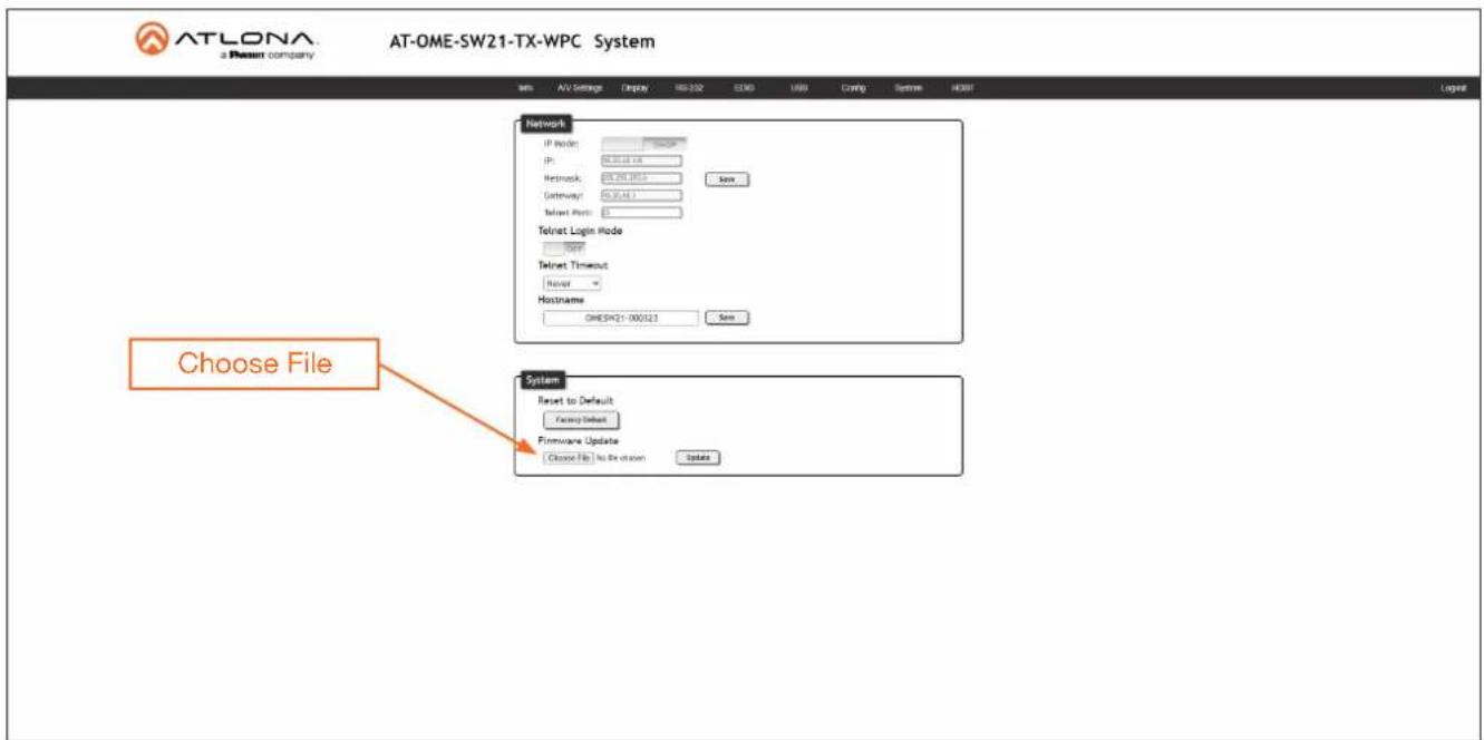 ATLONA a Pheem company AT-OME-SW21-TX-WPC System info AV Settings Display RS-352 EOOD USB Config System HOSP Network IP Node: IP: 00.00.00 100 Retnack: 00.00.00 100 Gateway: 00.00.00 1 Telnet Port: 0 Telnet Login Mode TCP Telnet Timeout Never Hostname OMESW21-000323 Save Choose File System Reset to Default Casey Default Firmware Update Choose File No Edition Update