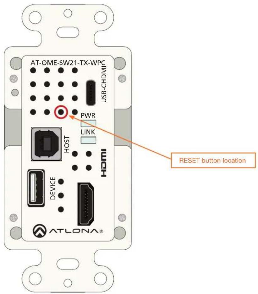 AT-OME-SW21-TX-WPC USB-CHDMIC PWR LINK HOST HDMI DEVICE ATLONA® RESET button location