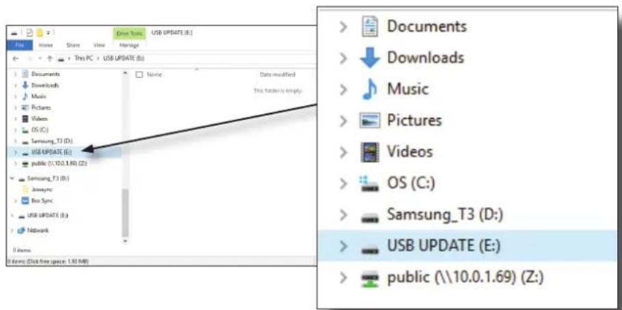 Screenshot of a file explorer window showing USB UPDATE files with a context menu open, highlighting 'Documents', 'Downloads', and 'Music' options.