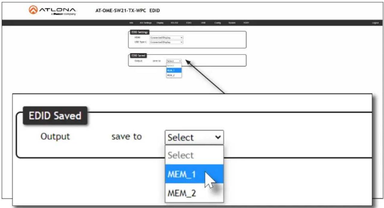 ATLONA & Resur company AT-OME-SW21-TX-WPC EDID Edit AV Settings Display A3-E32 EDD USB Config Space HUNT EDID Settings HDMI Connected Display USB Type C Connected Display EDID Saved Output save to Select Select MEM_1 MEM_2 EDID Saved Output save to Select Select MEM_1 MEM_2