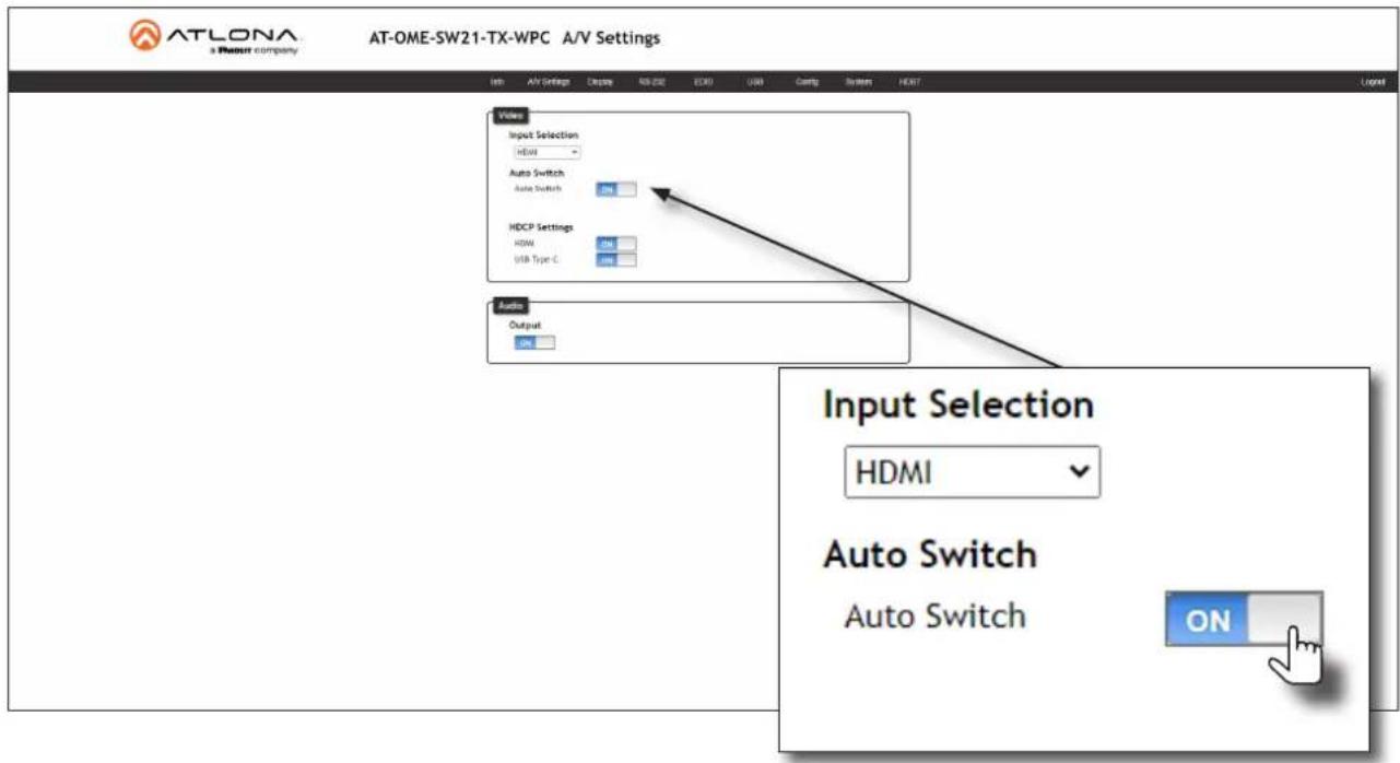 ATLONA a Rerent company AT-OME-SW21-TX-WPC A/V Settings View Input Selection HDMI Auto Switch Auto Switch HDCP Settings HDMI USB Type C Output Output Input Selection HDMI Auto Switch Auto Switch ON
