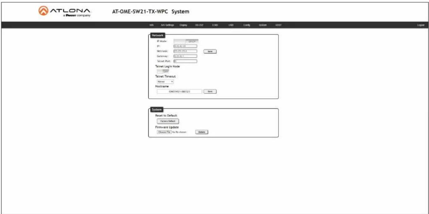 ATLONA a Router company AT-OME-SW21-TX-WPC System Inh AV Settings Display RD-232 EDD USB Ctrl+ System HKEY Network IP Mode: 0.0007 IP: 0.0007 Network: 0.0007 Gateway: 0.0007 Telnet Port: 0 Telnet Login Mode: 10000 Telnet Timeout: Never Hostname OMESW21-000123 Save System Reset to Default. Factors Default Firmware Update Choose File To Be Churned Update
