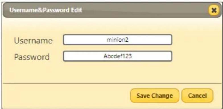 Username&Password Edit Username minion2 Password Abcdef123 Save Change Cancel