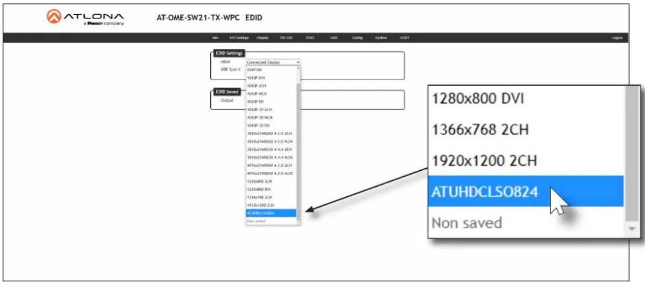 ATLONA a Present company AT-OME-SW21-TX-WPC EDID Web AT Settings Origin ISO 2023 CDC1 CNG Cancel System AC07 LED EDID Settings HDMI USB Type-C EDID Saved Output Connected Display F236F 3D 1030P DV1 1030P 2CH 1030P ACH 1030P DO 1030P 3D 2CH 1030P 3D ACH 1030P 3D DO 2845x21680804 4.4.4 2CH 2845x21680804 4.4.4 2CH 2845x21680804 4.4.4 2CH 2845x21680804 4.4.4 2CH 4976x21680804 4.4.4 2CH 4976x21680804 4.4.4 2CH 1263A800 DVI 1366A768 2CH 1920x1200 2CH ATUHDCLSO824 Non saved 1280x800 DVI 1366x768 2CH 1920x1200 2CH